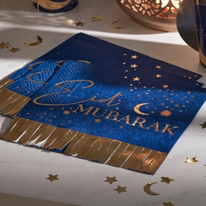 EID MUBARAK NAVY AND GOLD FRINGE NAPKINS16 PACK, BLUE - Image 3